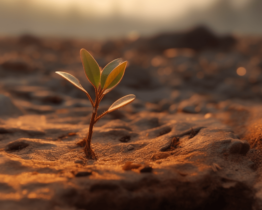 Imagen creada por IA de un brote de laurel creciendo en suelo árido como símbolo de esperanza